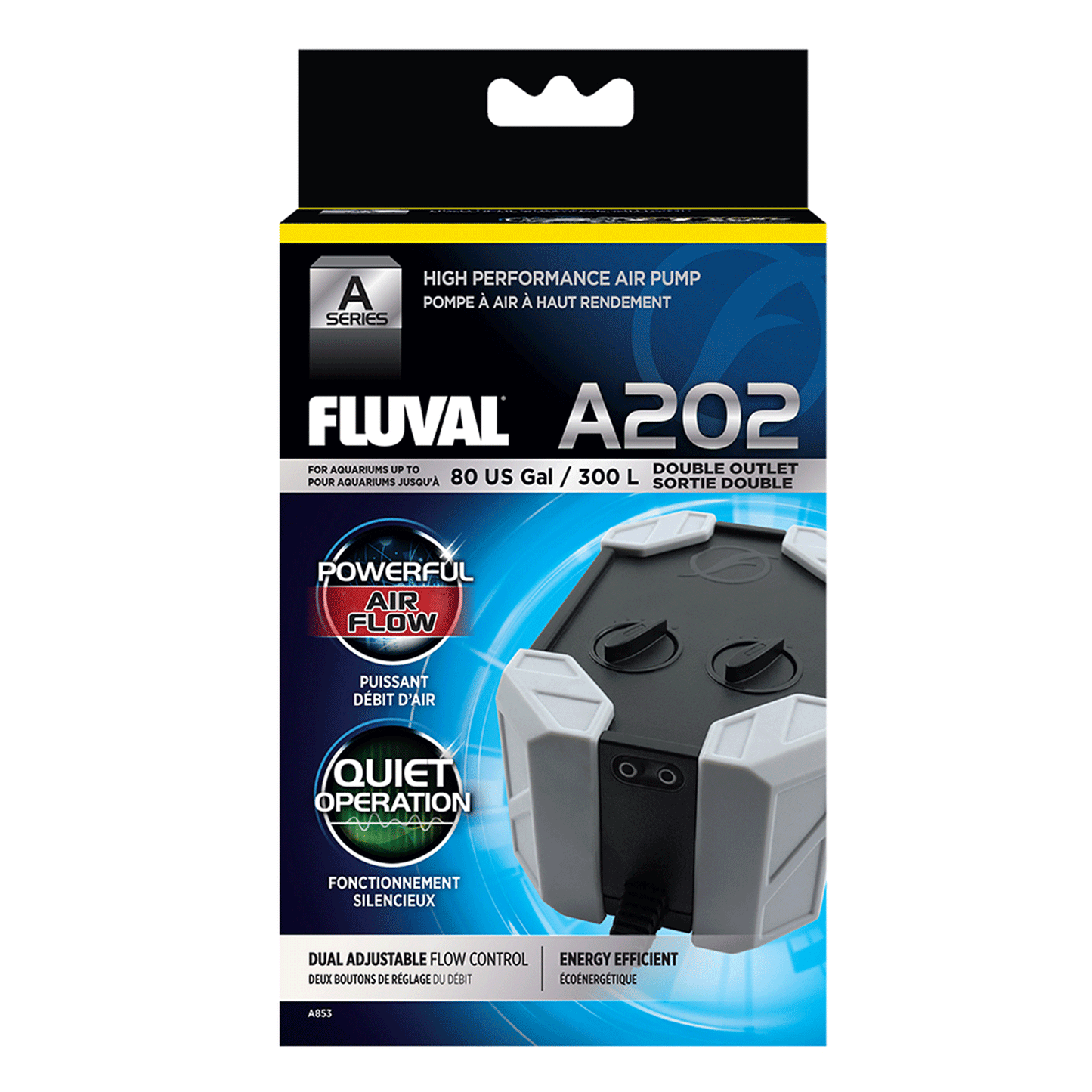 Fluval A202 Series Air Pump 180-220 LPH - 80 US Gal/ 300L - Double Outlet 3W