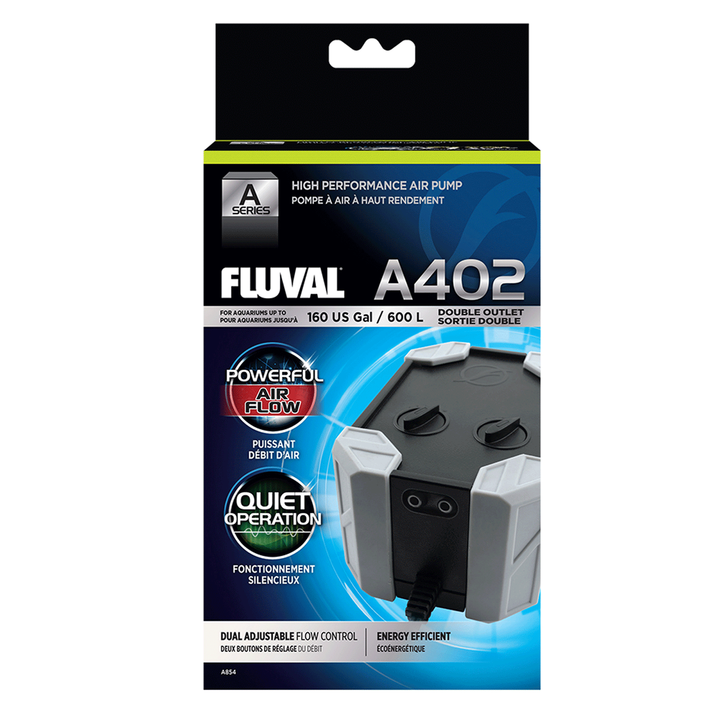 Fluval A402 Series Air Pump 330-370 LPH - 160 US Gal/ 600L - Double Outlet 4W